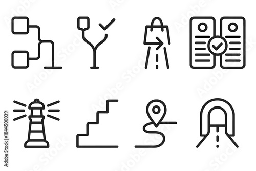 Consumer Decision Maze. Consumer pathway labyrinths linear set: choice maze tile, decision fork node, product route arrow, comparison panel, clarity beacon, navigation step bar,