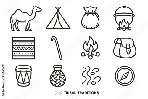 Tribal Travel Essentials. Mobile Tribal Traditions linear set: pack animal, foldable tent, leather pouch, cooking pot, patterned textile, guiding stick, fire pit, saddle bag,