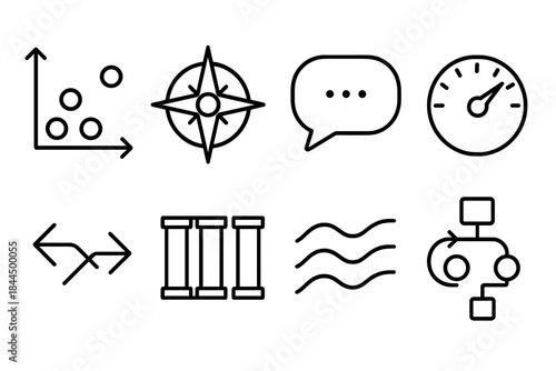 Strategic Planning Icons. Comprehensive Evaluation Set linear set: impact matrix, scenario compass, qualitative insight bubble, quantitative metric dial, trade-off arrows,