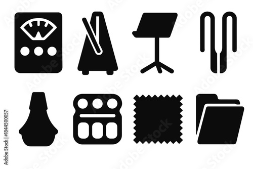 Brutalist Music Icons. Practice Accessory Essentials silhouette set: tuner device, rhythm clicker, adjustable stand, page holder tabs, tonal mute, finger gym tool, care cloth,