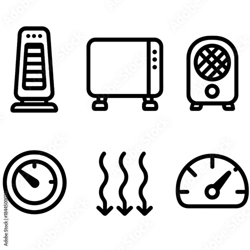 Heating Essentials Icons. Space Heating Essentials linear set: tower heater, convection panel, small blower unit, thermostat knob, heat wave icon, comfort gauge.
