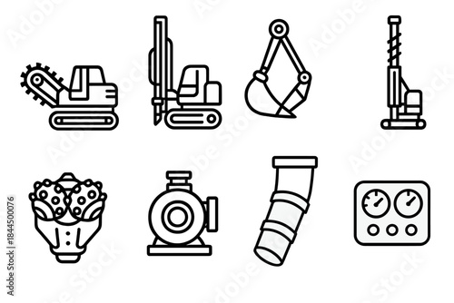 Earth Excavation Tools. Earth excavation tools linear set: trenching machine, blast hole drill, shovel bucket, drill mast, rock bit, slurry pump, debris chute, gauge panel.