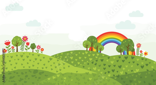 Cartoon landscape of rolling green hills dotted with hearts, featuring trees, flowers, and a bright rainbow under a cloudy sky.
