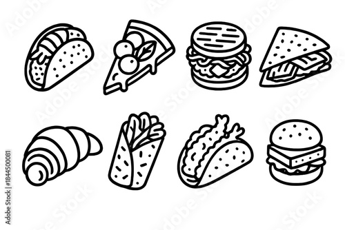 Fusion Cuisine Icons. Fusion cuisine elements linear set: sushi taco, curry pizza slice, ramen burger, kimchi quesadilla, matcha croissant, shawarma wrap, tempura taco, tofu slider