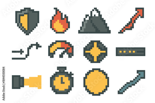 Mental Strength Icons. Mental Perseverance pixel style set: resilience shield, steady flame, challenge mountain, persistence arrow, obstacle bypass line, endurance meter, inner