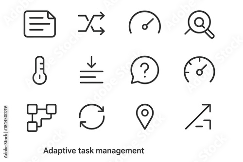 Adaptive Task Icons. Adaptive Task Management linear set: flexible plan card, priority shuffle arrows, effort allocation gauge, focus shift lens, capacity meter, step