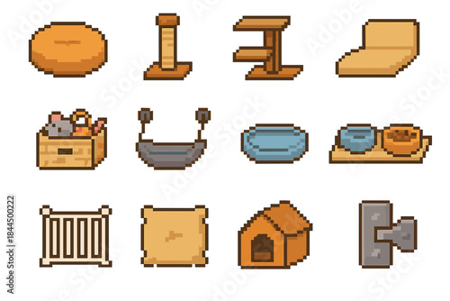 Pet-Friendly Interior Icons. Pet-Friendly Interior Icons set of icons in flat pixel vector style: lounge cushion, scratch column, step shelf, soft landing mat, toy storage, window