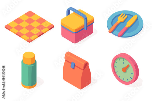 Fashionable Picnic Set. Leisure Meal Set flat isometric set: picnic rug, insulated lunch box, plates and cutlery tile, drink flask, food storage bag, picnic preparation meter.