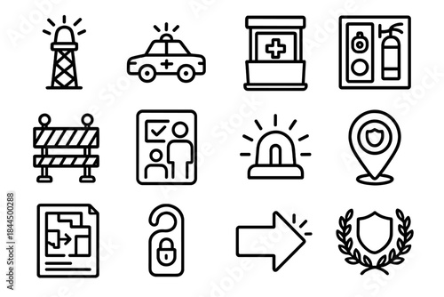 Urban Safety Icon Set. Urban Safety Infrastructure linear set: emergency siren tower, patrol car icon, first-aid kiosk, fire suppression panel, hazard barrier, safety check zone,