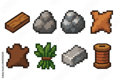 Crafting Icons Set. Crafting and resource materials set set of icons in flat pixel vector style: wood plank, stone chunk, iron ore, cloth scrap, leather piece, herb bundle, metal