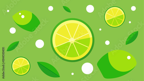 Lime slices and leaves on green background