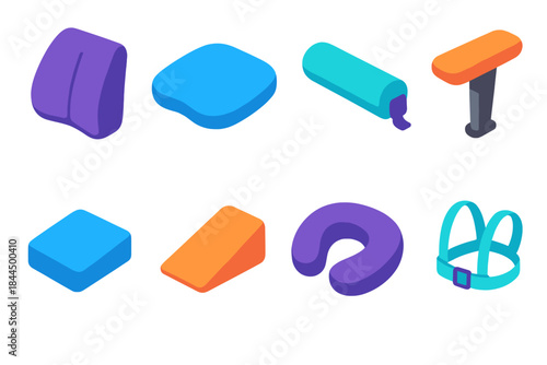 Chair Cushion Icon Set. Chair & Cushion Accessories isometric flat set: ergonomic back cushion, seat pad, lumbar support roll, armrest cover, footrest block, chair wedge, neck