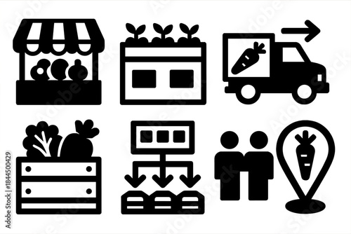 Urban Food Network Icons. Municipal food pathways silhouette set: street market tile, rooftop farm icon, local delivery lane, resource hub node, produce crate, distribution panel,