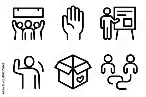 Community Engagement Icons. Local engagement set linear set: gathering sign, volunteer hand, info board, friendly wave, shared resource box, connection path.