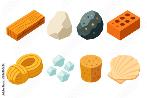 Isometric Natural Elements. Raw natural elements isometric flat set: hardwood plank, limestone fragment, iron ore, clay brick, hemp fiber, sea salt crystals, cork piece, shell.