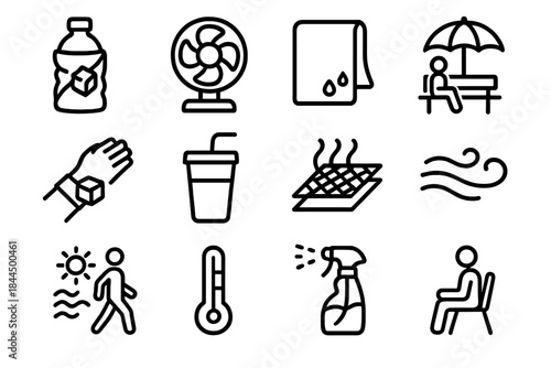 Warm-Weather Cooling Kit. Warm-Weather Cooling Kit linear set: ice bottle wrap, airflow booster fan, chilled cloth pad, shaded rest area symbol, cooling wrist spot, hydration cup,