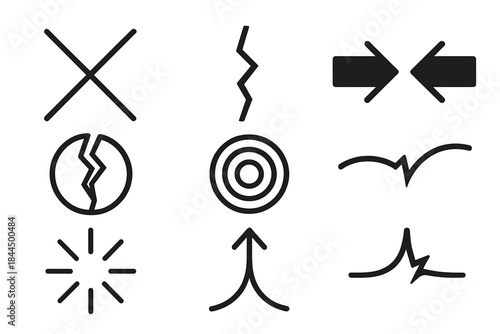Symbolic Tension Icons. Tension Clash linear set: crossed lines, sharp fracture, opposing arrows, broken ring, force ripple, strained curve, impact mark, split path.