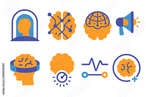 Futuristic Brain Tech Icons. Cognitive Tech Futures flat set: neuro-link portal, intelligent cortex node, adaptive brain mesh, mental-signal amplifier, hybrid cognition band,