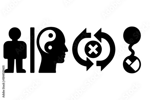 Brutalist Cognition Icons. Conflicted Cognition Patterns silhouette set: dual-stance tile, inner-contrast node, mismatch-flow bead.