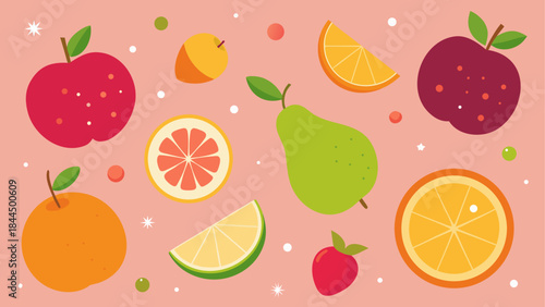 Assorted fruits on a pink background art