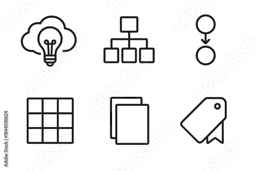 Blueprint Icon Design. Concept Blueprint linear set: idea bubble, structure outline, workflow arrows, planning grid, placeholder boxes, revision tag.