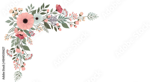 Elegant floral corner arrangement with pink and blue flowers, buds, and green leaves, perfect for invitations and greeting cards.