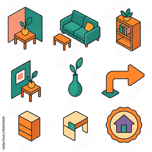 Isometric Home Icons. Simplicity Home Principles flat isometric set: clutter-free corner tile, open-space icon, tidy shelf row, intentional arrangement bar, calm-room cue, minimal