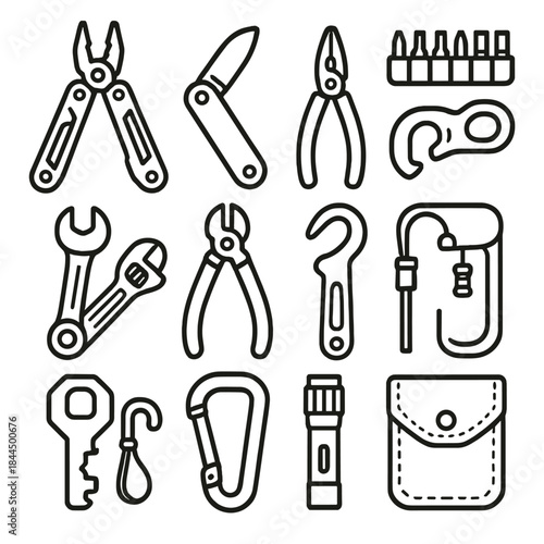 Multi-Tool Kit Icons. Multi-Tool and Utility Gear linear set: folding multitool, pocket knife, mini pliers, screwdriver bit set, compact wrench, wire cutter, bottle opener, fire