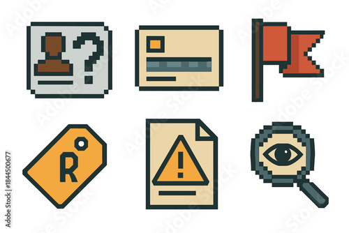 Data Concern Icons. Data Concern Icons set of icons in flat pixel vector style: questionable ID, obfuscated detail card, flagged entry, risk tag, caution file icon, scrutiny symbol