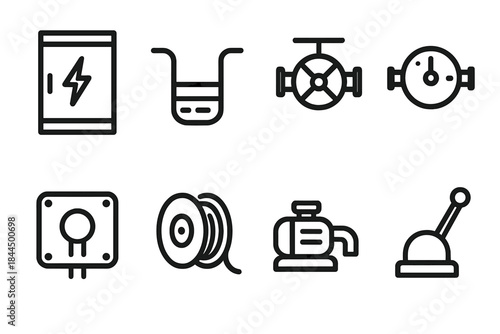 Utility Infrastructure Icons. Infrastructure Utility Elements linear set: electrical cabinet, underground conduit, valve wheel, flow meter, junction box, cable reel, pump icon,