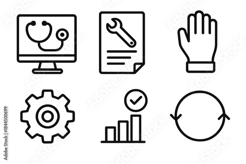 Maintenance Workflow Icons. Maintenance Workflow Icons linear set: diagnostic screen, repair step sheet, safety glove, replacement piece, performance check bar, maintenance loop.