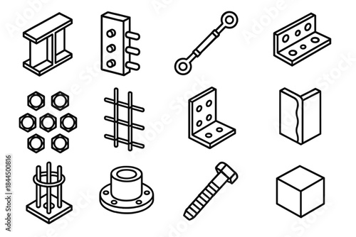 Structural Components Icons. Construction Framework Parts linear set: beam joint, shear connector, tension rod, splice plate, bolt cluster, reinforcement tie, corner bracket,
