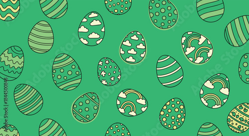 Seamless Easter pattern with hand-drawn green decorated eggs featuring stripes, dots, clouds, and rainbows on a solid green field.