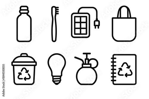 Eco-Friendly Icons. Sustainable Home Essentials linear set: reusable water bottle, bamboo toothbrush, solar charger, cloth tote, compost bin, LED bulb, plant sprayer, recycled