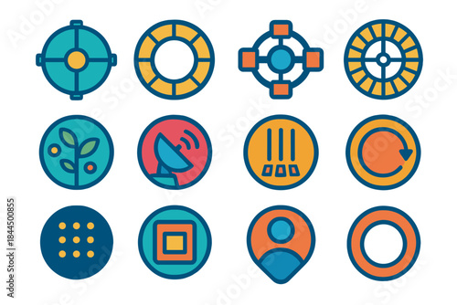 Orbital Station Icons. Circular Space Infrastructure flat set: orbital station tile, ring habitat node, docking port bar, solar array ring, life-support patch, communication