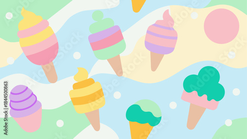 Pastel ice cream cones on wavy background