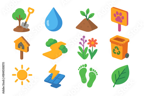Eco-Action Icon Set. Planet Stewardship Actions isometric flat set: tree planting spade, water conservation droplet, soil restoration mound, wildlife-safe boundary sign, habitat