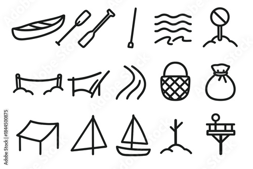 River Travel Icons. River Travel & Navigation linear set: narrow canoe, steering paddle, shallow-depth pole, river current symbol, shoreline marker, crossing rope, water trail icon