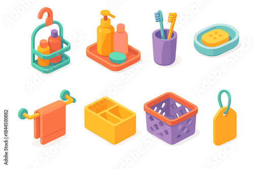Bathroom Storage Icons. Bathroom storage items flat isometric set: shower caddy, countertop tray, toothbrush holder, soap dish, towel rack, drawer organizer, storage basket, label