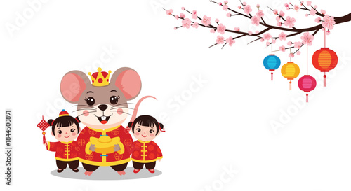 Chinese New Year illustration featuring a cute rat king with two children, under a blooming cherry blossom branch with lanterns.