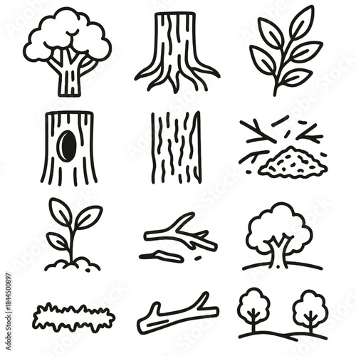 Tree Ecosystem Icons. Tree Ecosystem Elements linear set: treetop cluster, mid-trunk section, root web, foliage sprig, natural cavity, textured bark, scattered twigs, forest duff,