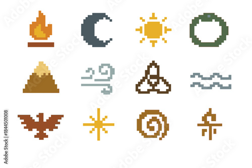 Ancient Symbol Icons. Legendary Symbol Set set of icons in flat pixel vector style: sacred flame, lunar glyph, solar emblem, serpent ring, world mountain, spirit wind, protective