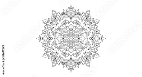 Intricate black and white mandala design with detailed line work and floral patterns, suitable for coloring pages and decorations.