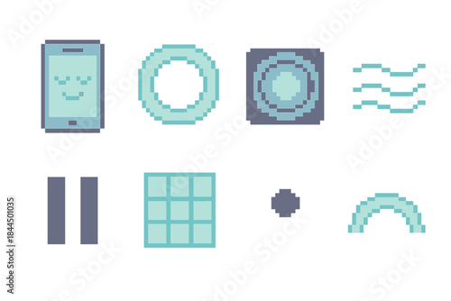 Mindful Tech Icons. Mindful Digital Use Icons Set pixel style set: calm screen, soft glow ring, focus lens, gentle wave, pause symbol, tidy grid, balanced dot, harmony arc.