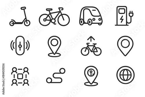 Modern Mobility Icons. Contemporary Transport Set linear set: micro-mobility scooter, e-bike pedal unit, autonomous pod, charging dock, transit beacon, ride-share marker, bike lane