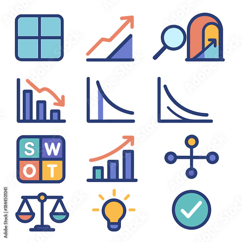 Business Graphics Essentials. Business Opportunity Analysis flat set: market grid, trend arrow, opportunity window, competitor chart, demand curve, clarity lens, SWOT tiles, growth