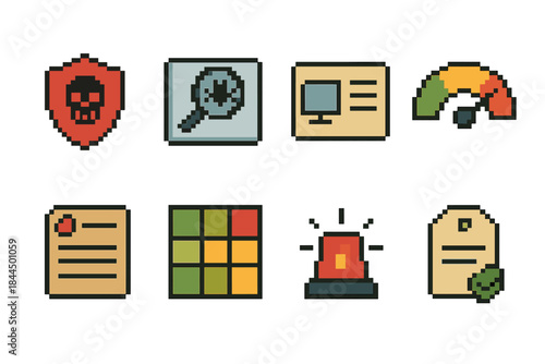 Risk Management Icons. Risk Identification Set pixel style set: threat icon, vulnerability scan tile, asset inventory card, exposure gauge, incident log, risk matrix, alert beacon,