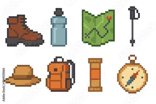 Outdoor Essentials Icons. Healthy outdoor lifestyle set set of icons in flat pixel vector style: hiking boots, water bottle, trail map, trekking pole, sun hat, backpack, energy