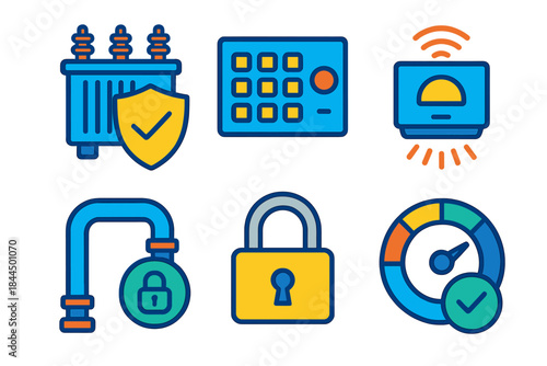 Energy Security Icons. Energy Infrastructure Protection flat set: shielded transformer, access control pad, tamper sensor, secure cable conduit, system lock symbol, protection
