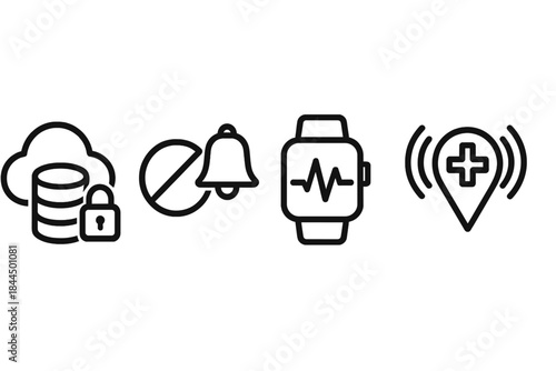Medical Connectivity Icons. Connected Care Platforms linear set: secure data hub, medication reminder pulse, patient-link beacon.